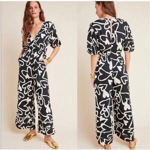Farm rio Anthropologie Sinead hearts wide leg puff sleeves jumpsuit medium petit